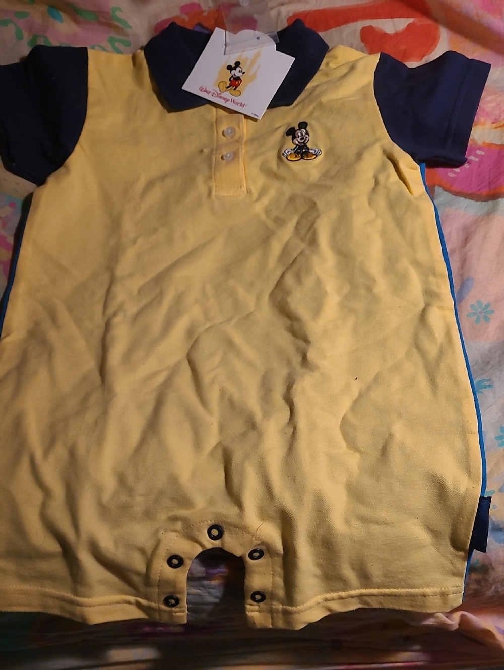 Disney Yellow and Navy Baby Polo Romper with Mickey Patch